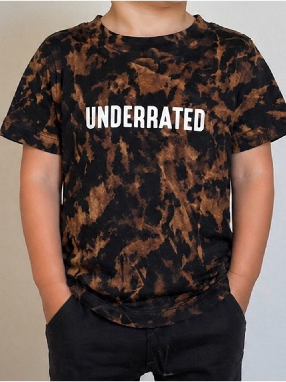 Kids Tie Dye “Underrated” Graphic T-Shirt Black Brown Streetwear Tee Size 2T